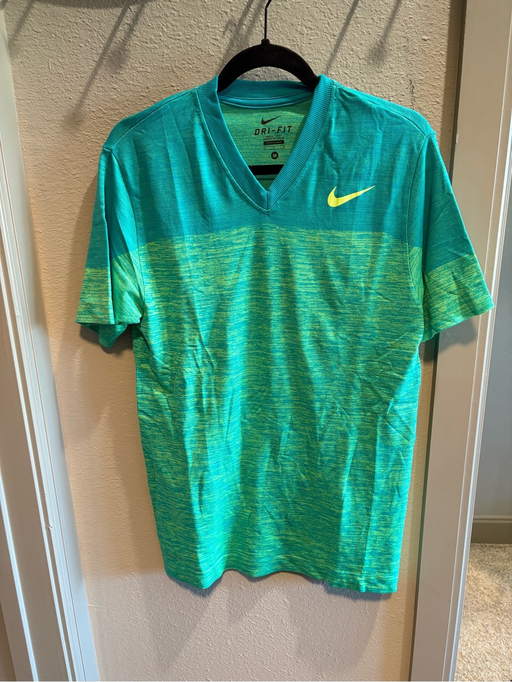 Nike Men’s Teal and Lime Dri-FIT V-Neck Athletic Tee